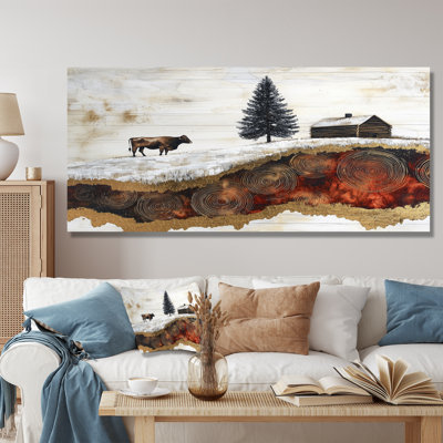 «Dontrae Winter Farm with Cow In The Field Landscape II - Farm», reproduction d'art sur toile encadrée
