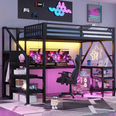 Full Size Loft Bed With L Shaped Desk, LED Light And USB For Kids Teens Adults by Isabelle & Max