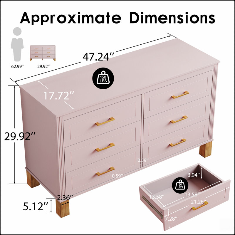 Commode double à 6 tiroirs avec poignées en métal, pieds en bois massif et rangement préinstallé pour enfants et chambres à coucher