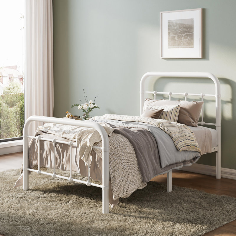 Kawamoto Metal Platform Bed Frame with Elegant Modern Design, White, Twin