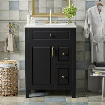 24" Bathroom Vanity With Ceramic Sink, 1 Soft Close Door, 2 Soft Close Drawers, And Double Storage Racks On The Door