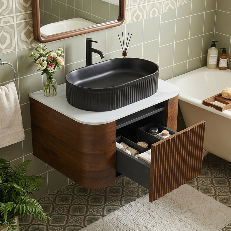 Meuble-lavabo mural 24 po avec comptoir en marbre, Noyer