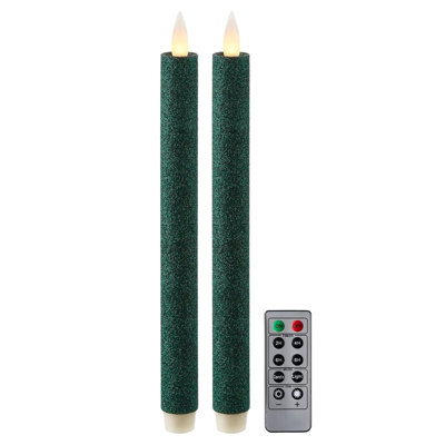 Flameless Taper Candles Flickering with Remote and Timer, 3D Moving Flame Taper Candle Battery Operated to 400 Hours, 9 Inch Window Candles, (Glitter Green)