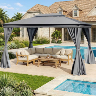 Weather Resistant UV Proof 10 X 13 Feet Double Roof Patio Gazebo With Breathable Mesh Netting And Removable Privacy Curtains For Backyard Deck Outdoor Gathering Use