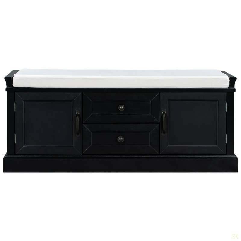 Storage Bench With 2 Drawers And 2 Cabinets, Shoe Bench With Removable Cushion For Living Room, Entryway, Black