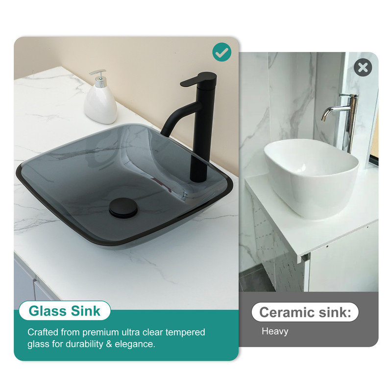 Modern Square Tempered Glass Vessel Sink for Above-Counter Bathroom Installation
