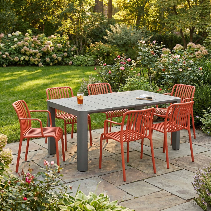 Carachure 6 - Person Patio Dining Set with Rectangular Table, Grey/Red