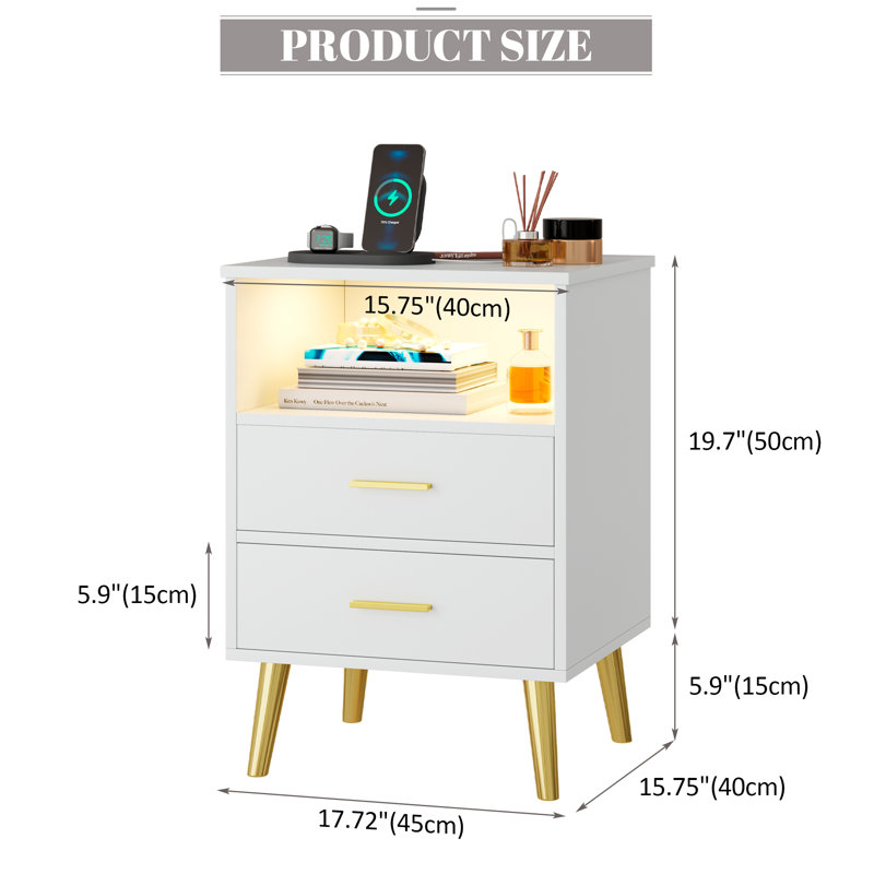 25.6''H Nightstand With Hidden Drawer, Bedside Table With Charging Station & Sensor Lights, White