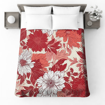 Couvre-lit matelassé à motif floral rouge et blanc toutes tailles