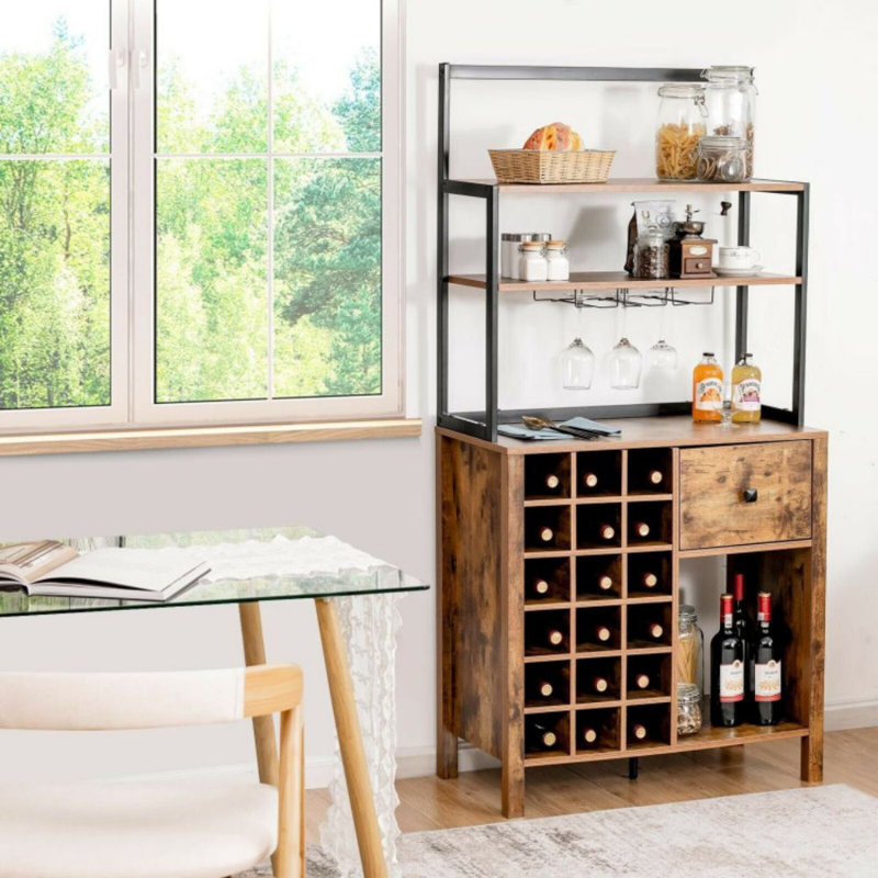 Support à vin autoportant avec support et tiroir en verre Kitchen Bakers Rack, Brun