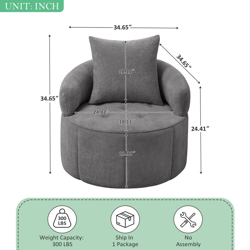 34.65'' W Upholstered Swivel Accent Chair, Oversized Reading Chair, Gray