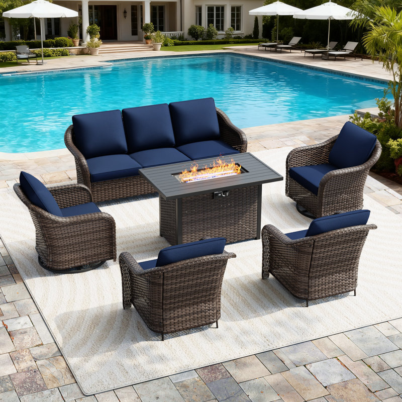 7-Person Outdoor Patio Conversation Rattan Seating Group With  2-In-1 Propane Fire Pit Table and Blue Cushions, Blue