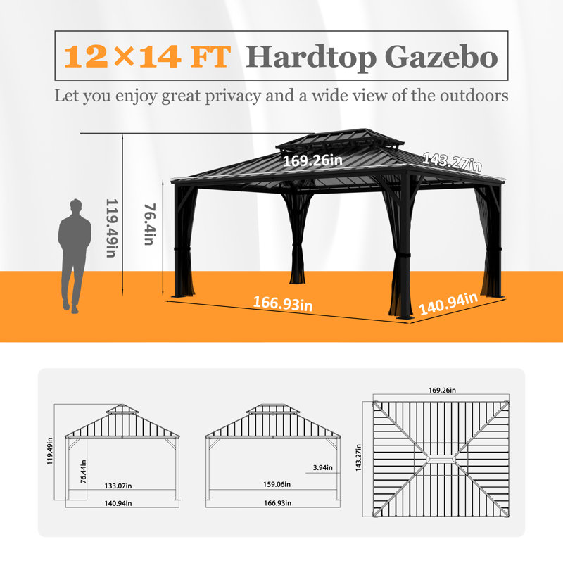 Hardtop Double-Roofed Aluminum Patio Gazebo Multiple Sizes, 14' W x 12' D