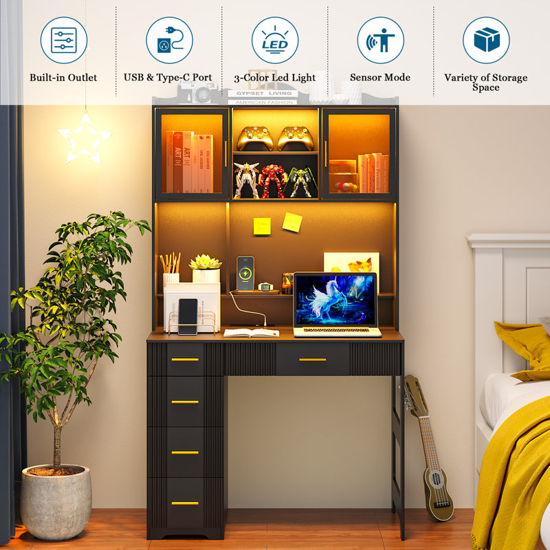 Computer Desk with Power Outlet, Black