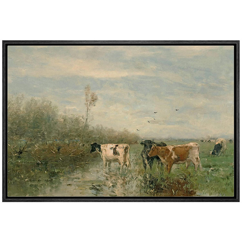 Cow in the River Landscape Farmhouse Country Pictures Decor Wall Art Framed Canvas Painting Print, 24" H x 36" W, Black
