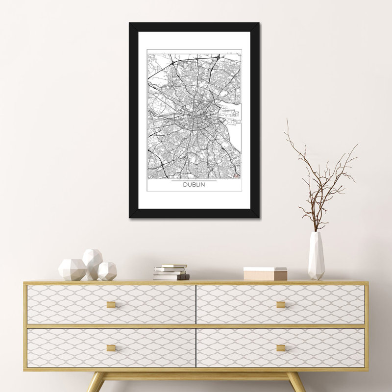 « dublin minimal urban blueprint map », impression sur toile, H 24 po x l 16 po x P 1 po, Papier d'art encadré noir, Blanc