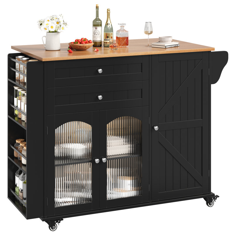 47.2" W Wooden Kitchen Island with 2 Drawers, Lockable Casters, Black