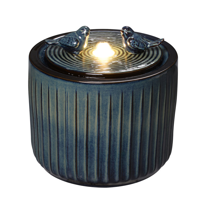 2-Tier Dark Blue Ceramic Bird Bath Fountain, Decorative Water Fountain with LED Lights and Quiet Pump, Indoor Outdoor Water Feature for Patio, Garden, Deck, Balcony, Office and Home Décor, Relaxing Cascading Water Design