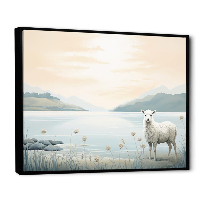 Minimalisme, moutons sur la plage I - impressions sur toile de moutons, Cadre flottant noir, H 30 po x l 40 po x P 1,5 po