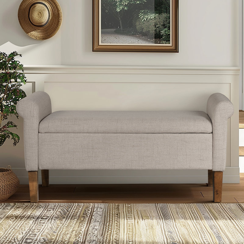 Cream Upholstered Storage Bench with Rolled Armrests