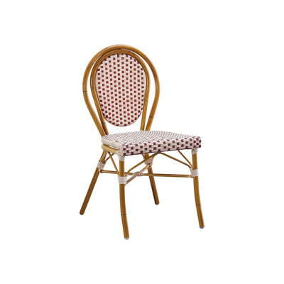 Bamboo-Inspired Metal Chair with Burgundy Check Poly Weave Seat & Back, Outdoor Use