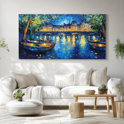 Gallery Stretched Canvas Wall Art Starry Night Venice Canal Gondolas Moonlight Water Reflection Classic European City Landscape Canvas Wall Art