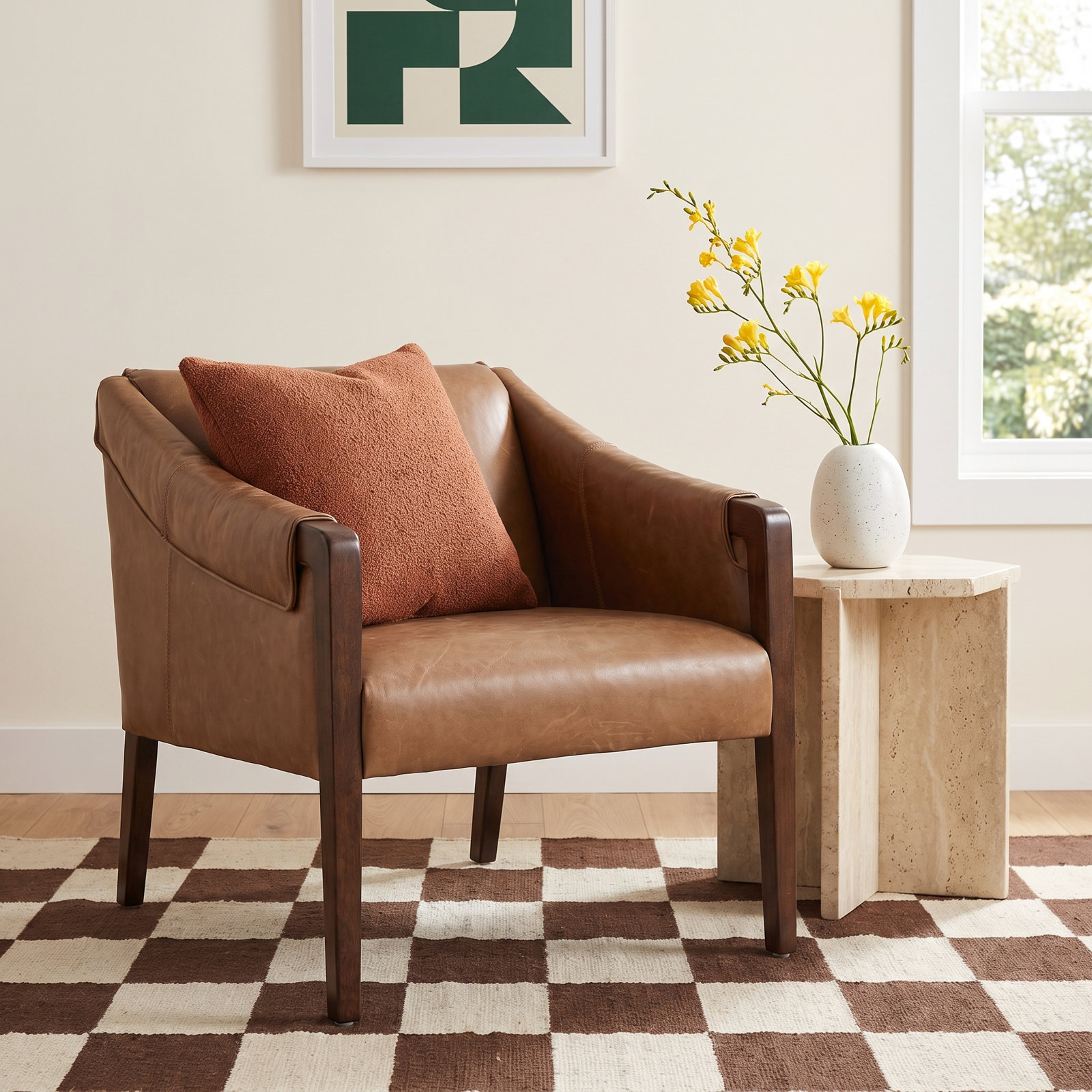 Karin Upholstered Armchair, Brown Genuine Leather, Brown