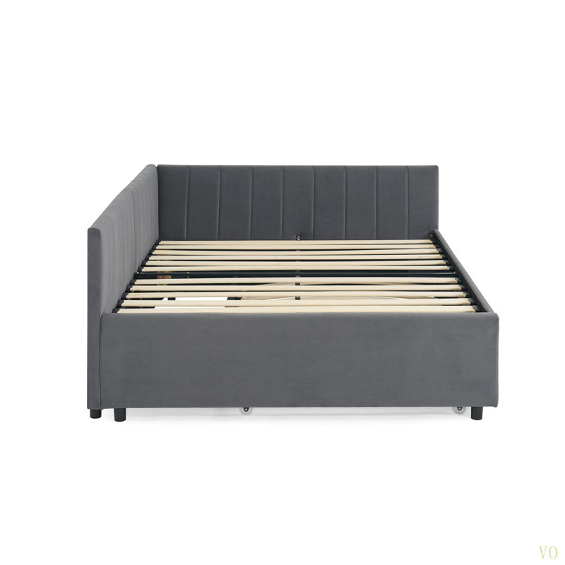 Twin Size Daybed With Twin Size Trundle Upholstered Tufted Sofa Bed, With Button On Back And Copper Nail On Waved Shape Arms
