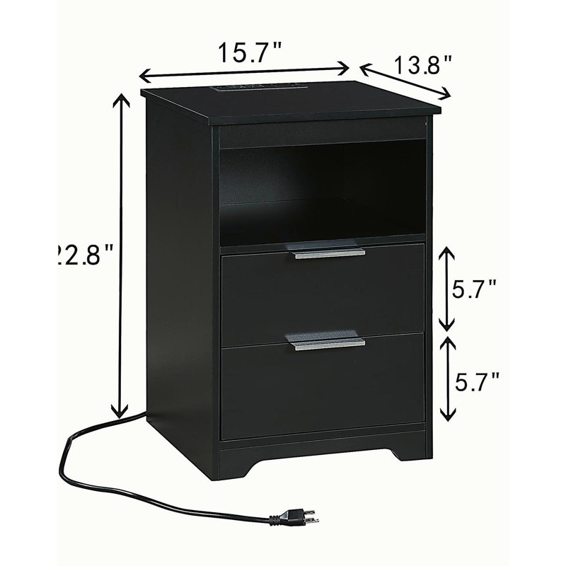 Nightstand with Charging Station,End Table with 2 Drawers,Wooden End Table with Drawer and Opening Shelf, Black
