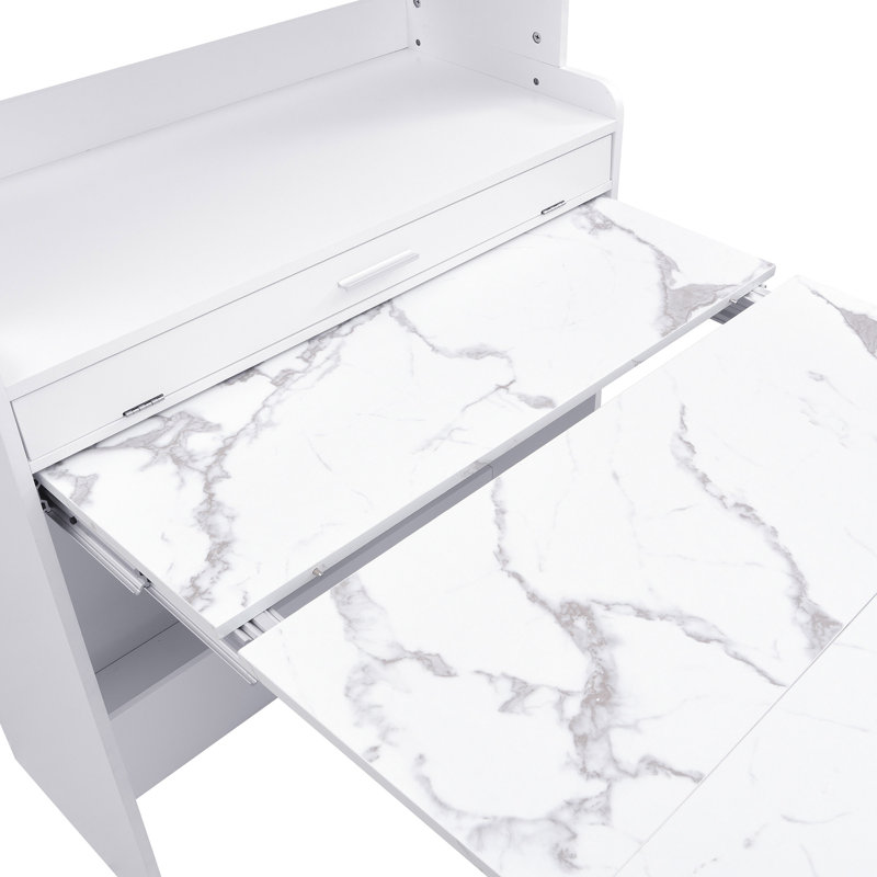 Garde-manger avec table de salle à manger pliable, Marbre / blanc