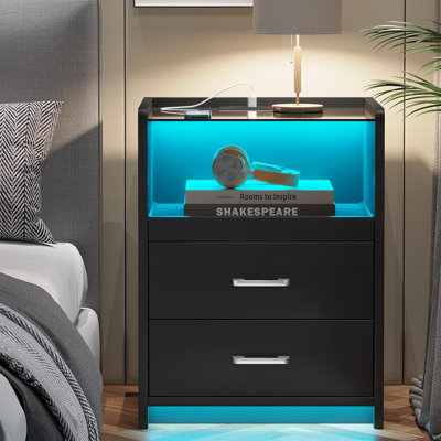 17.7''W 2 Drawers Nightstand Glasstop with 10 Million Colors LED Lights for DlY Setting