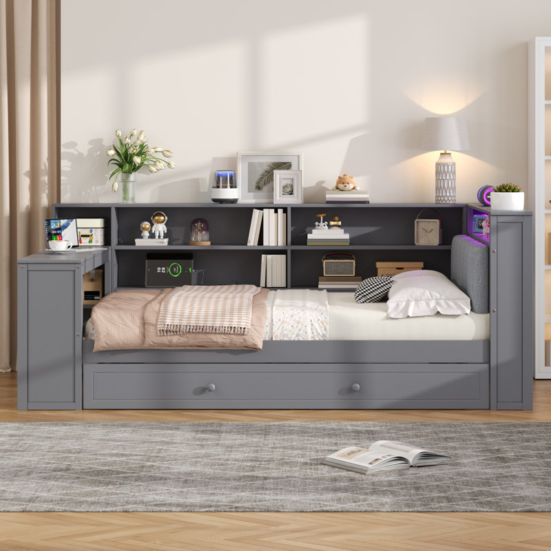Twin Size Storage Platform Bed with Trundle, LED Lit Headboard, Charging Station and Built-In Desk, Gray