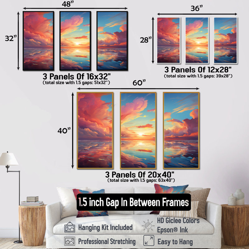 Neo impressionnisme infusé ciel rêverie - ensemble d'art mural ciel, Cadre flottant noir, H 40 po x l 60 po x P 1 po