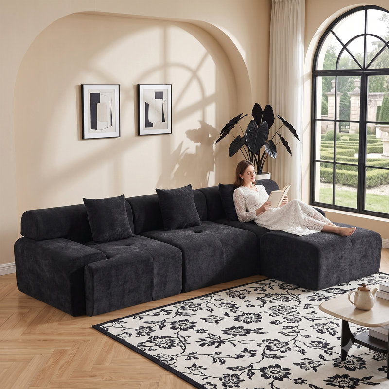 Canapé modulaire en forme de L 118 po, canapé en nuage en chenille avec repose-pieds mobile, Chenille noir
