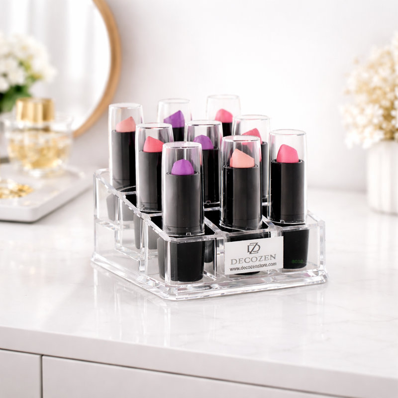 Clear Acrylic Makeup Organizer with 9 Slots for Lipsticks, Cosmetics, Vanity Storage – Christmas & Mother’s Day Gift