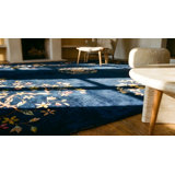 Antique Deep Navy Blue Color Floral Chinese Art Deco Rug