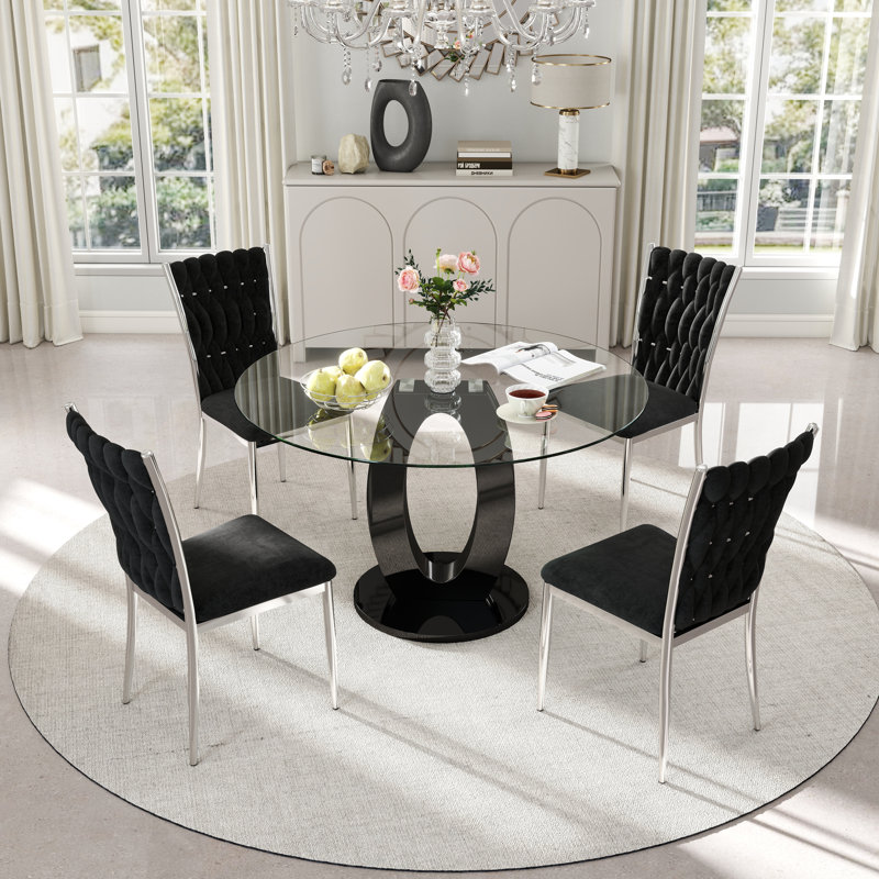 Table de salle à manger ronde en verre, table à piédestal en forme de O avec chaises rembourrées en velours, 5, Vert, Doré