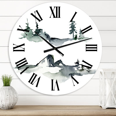 Winter Dark Blue Mountain Landscape With Trees I - Modern wall clock