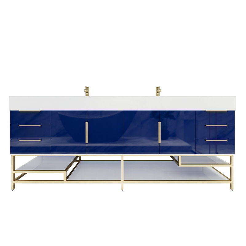 Glasgow 84 " W Freestanding Standard 1 Single Double Vanity Bathroom Vanity With Acrylic Top, High Gloss Night Blue