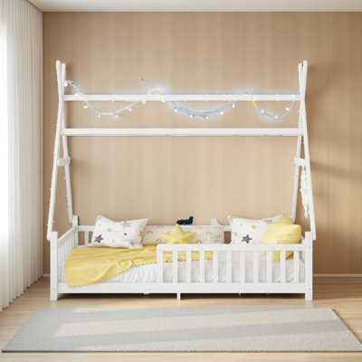 Lit avec lumière, lit surélevé avec clôture et toit pour enfants 