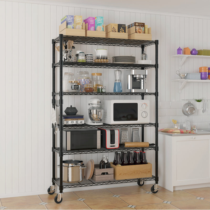 Étagère robuste à hauteur réglable avec roulettes, pieds de nivellement, (6 tablettes) H 82 po x l 46 po x P 18 po, Noir