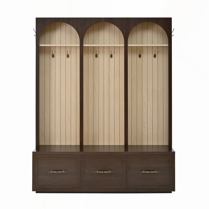 Farmhouse Wooden Style Hall Tree with Arched Design, Elegant 59" Wide Entryway Bench with 8 Retro Hooks, Rustic Coat Rack & Shoe Organizer with 3 Drawers for Mudroom, Living Room, Dark Walnut, 74.8"H