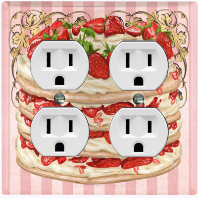 Metal Light Switch Plate Outlet Cover (Strawberry Layered Cake Pink Frame Stripes - Single Toggle)