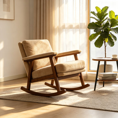 Fauteuil à bascule kaki de style moderne du milieu du siècle, avec structure en bois massif et revêtement en coton et lin, fauteuil de lecture rembourré pour salon