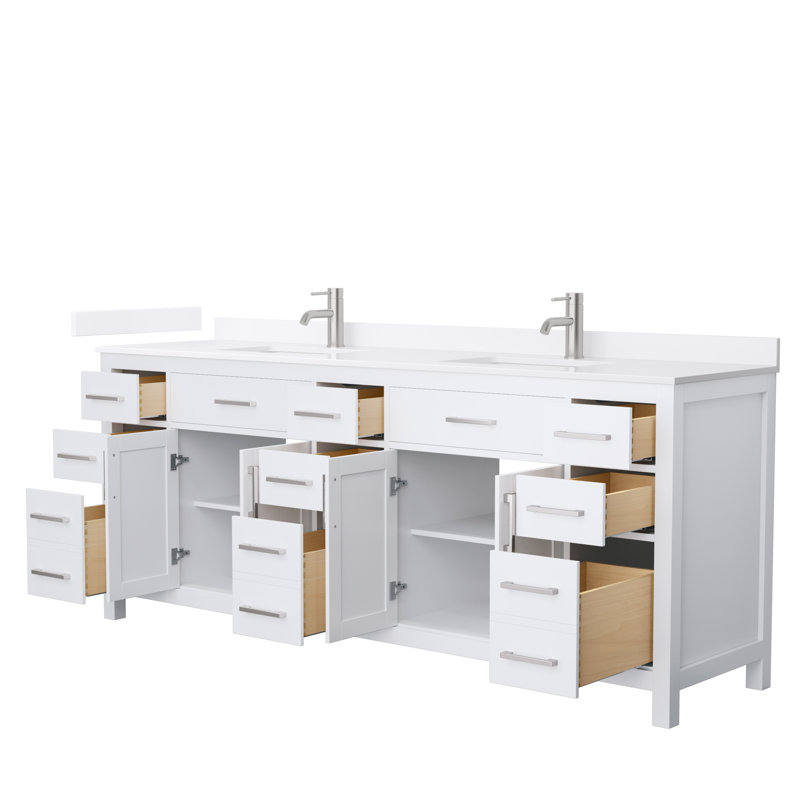 Beckett 84" Freestanding Double Bathroom Vanity with Quartz Top, White, Brushed Nickel, White Quartz