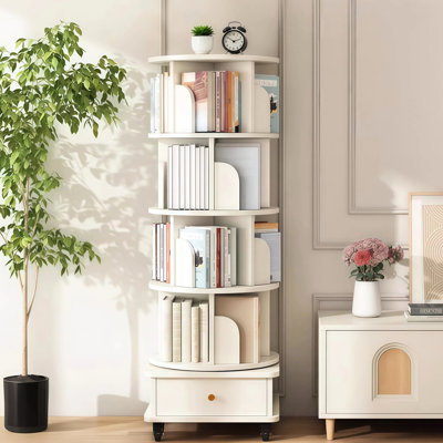 Bibliothèque rotative à 5 niveaux avec rotation à 360 °, roues et tiroir universels, pour l'organisation du bureau de la chambre à coucher - rangement idéal avec frein blanc chaud