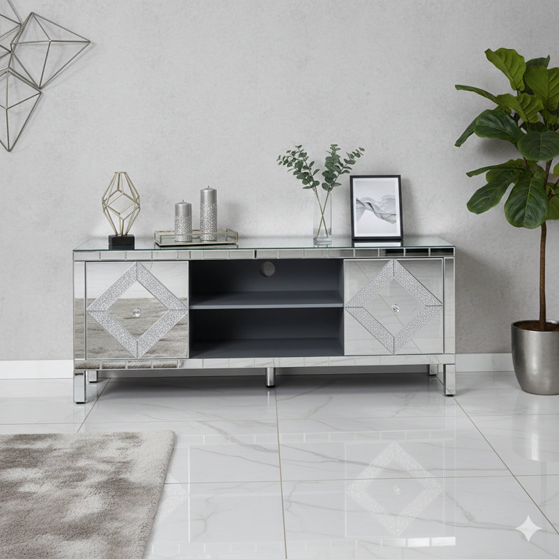 Console à miroir pour téléviseur de 65 pouces et plus mesurant l 59 po x H 25,2 po x P 15,7 po. Comprend un rangement ouvert, deux armoires et des portes de miroir en forme de losange étincelantes pour le salon.