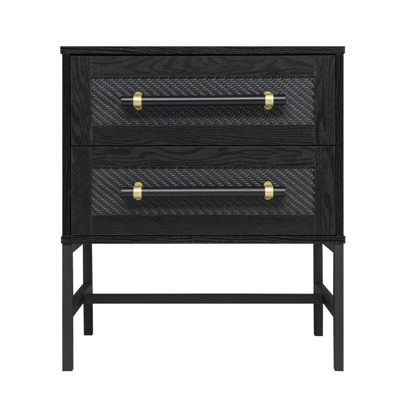 Hopper Studio Sophia 2-Drawer Nightstand in Matte Black with Textured Front, Oversized Pulls, and Sleek Black Metal Base