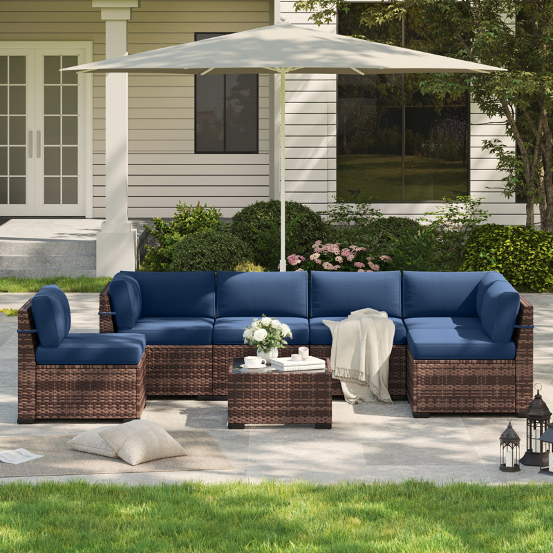 Dinyu Modular Patio Conversation Set with Cushions, Navy, 6