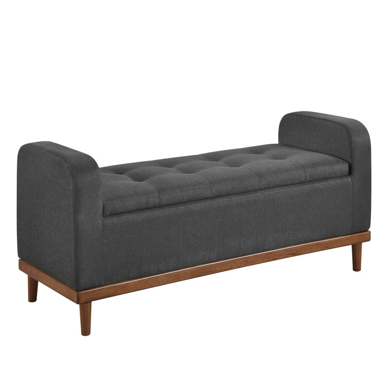 Banc Mid-Century moderne en bois massif, tissu texturé gris foncé, chambre, siège rembourré d'une hauteur de 22,5 po, profondeur du siège de 18,5 po